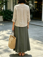 Women's Casual Long Sleeve Top And Skirt Cotton And Linen Two-piece Set