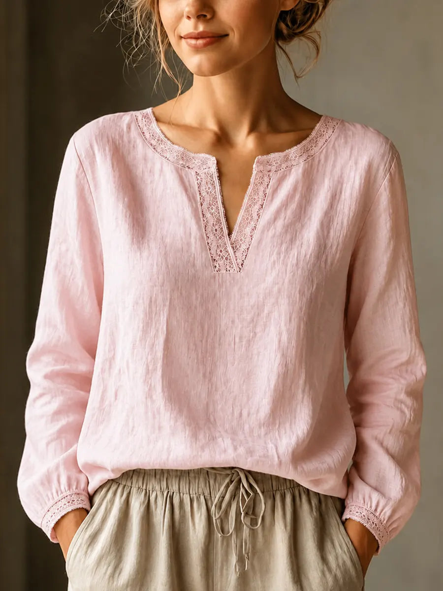 Elegant Linen-Blend Lace-Trim V-Neck Blouse