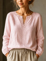 Elegant Linen-Blend Lace-Trim V-Neck Blouse