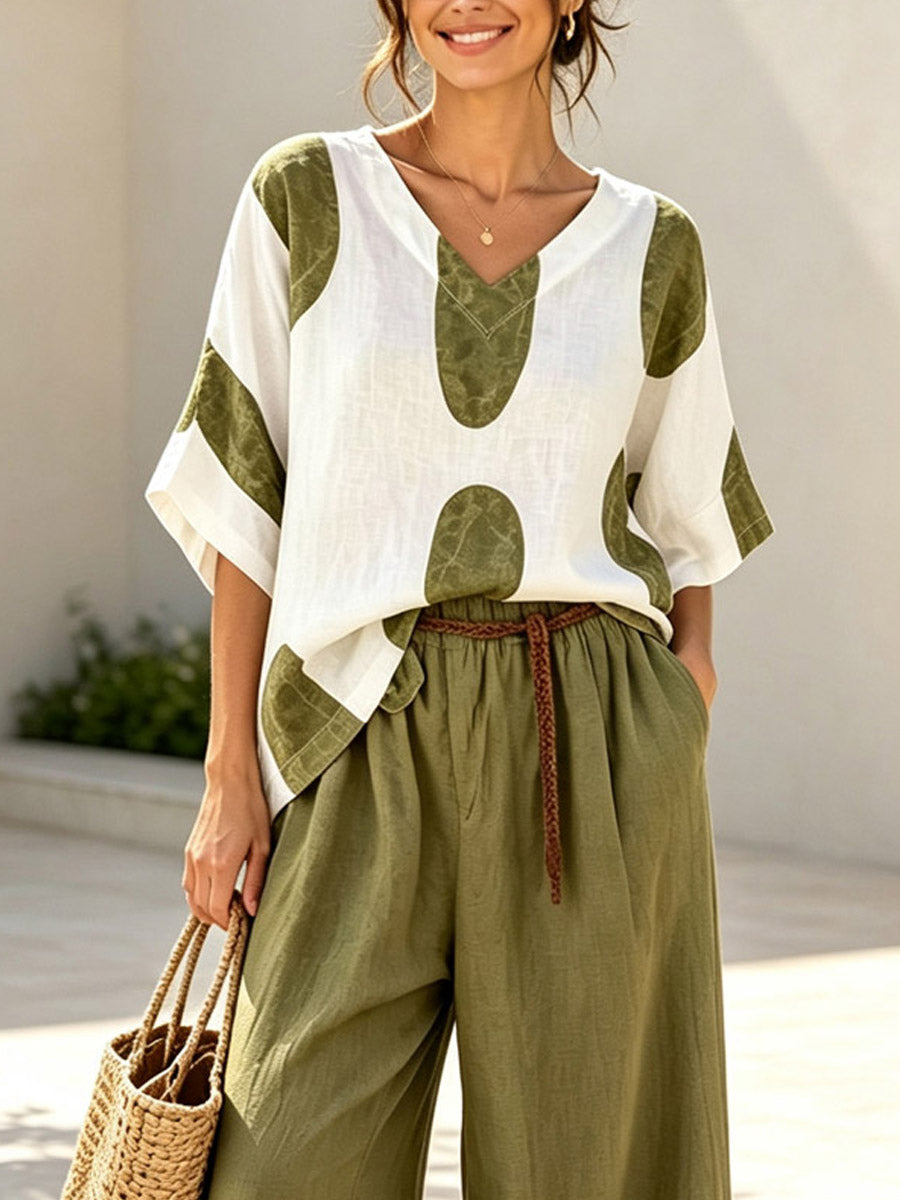 Geometric V-collar Art Casual Top And Wide Leg Pants Cotton Linen Two-piece Set
