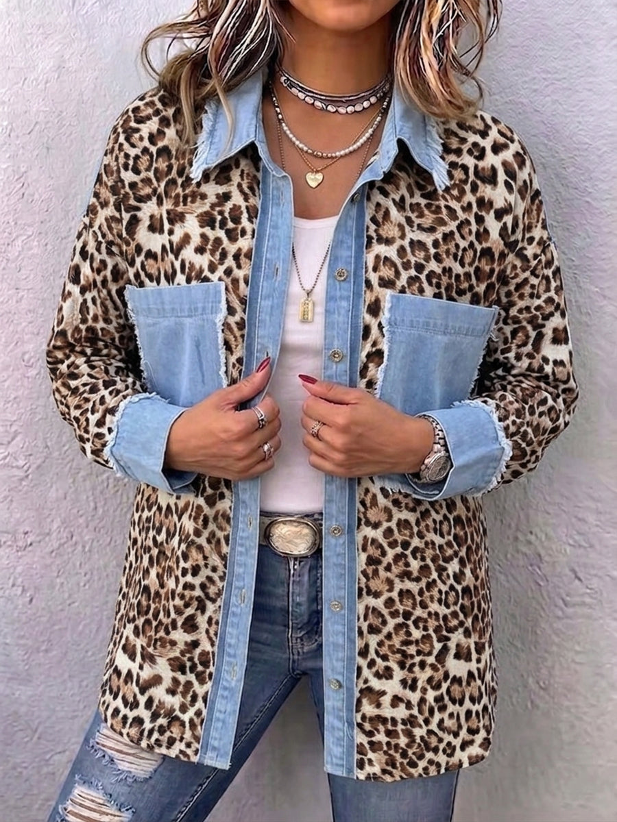 Relaxed-fit Casual Denim Shirt With Leopard-print Panels