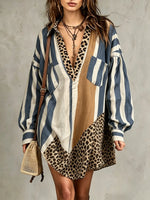 Women's Stripe Leopard Print Patchwork Loose Shirt Mini Dress