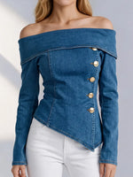 Contemporary Denim Off-the-Shoulder Asymmetrical Button-Up Top