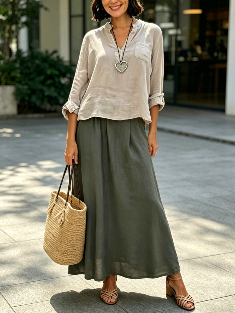 Women's Casual Long Sleeve Top And Skirt Cotton And Linen Two-piece Set