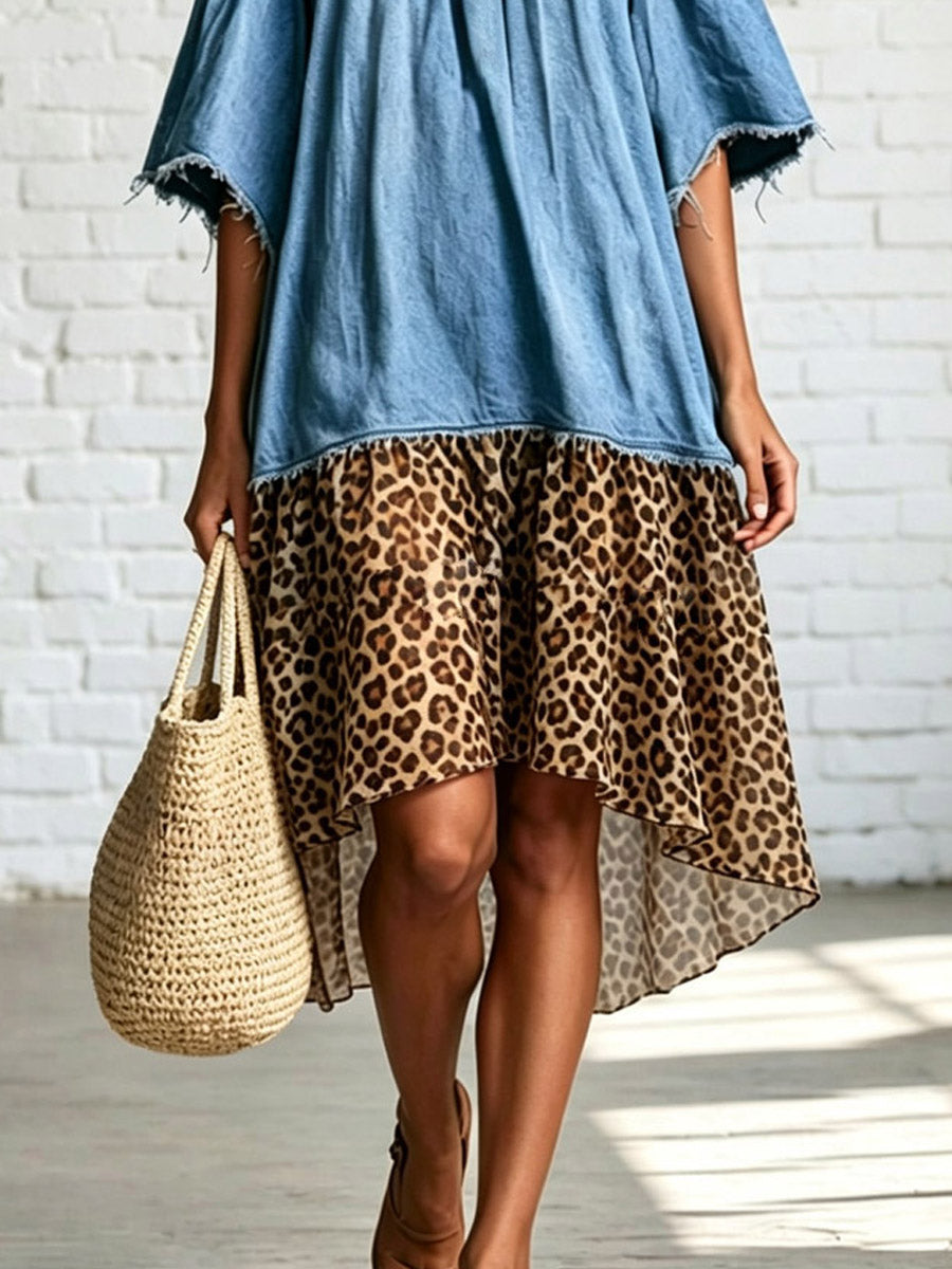 Retro Leopard Pattern Denim Patchwork Loose Art Casual Midi Dress