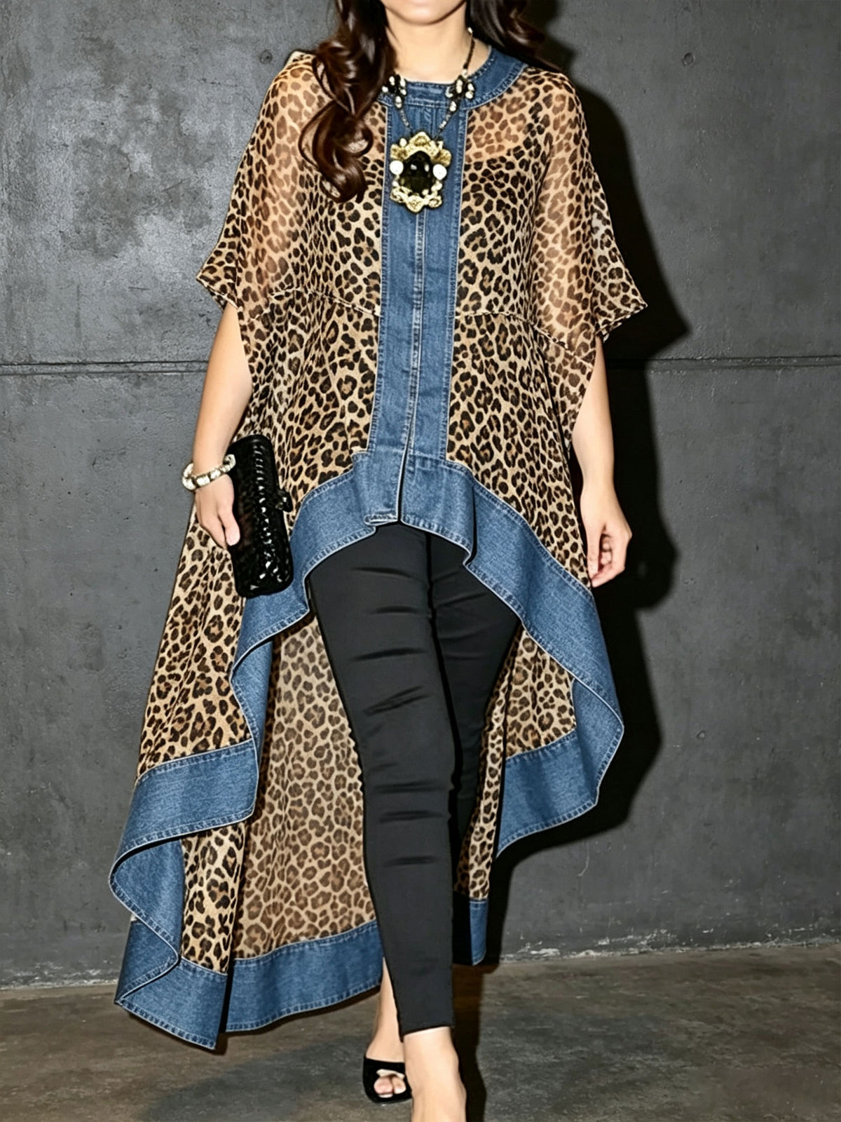 Women’s Leopard Print Chiffon Denim Spliced High Low Batwing Kimono Tunic Top