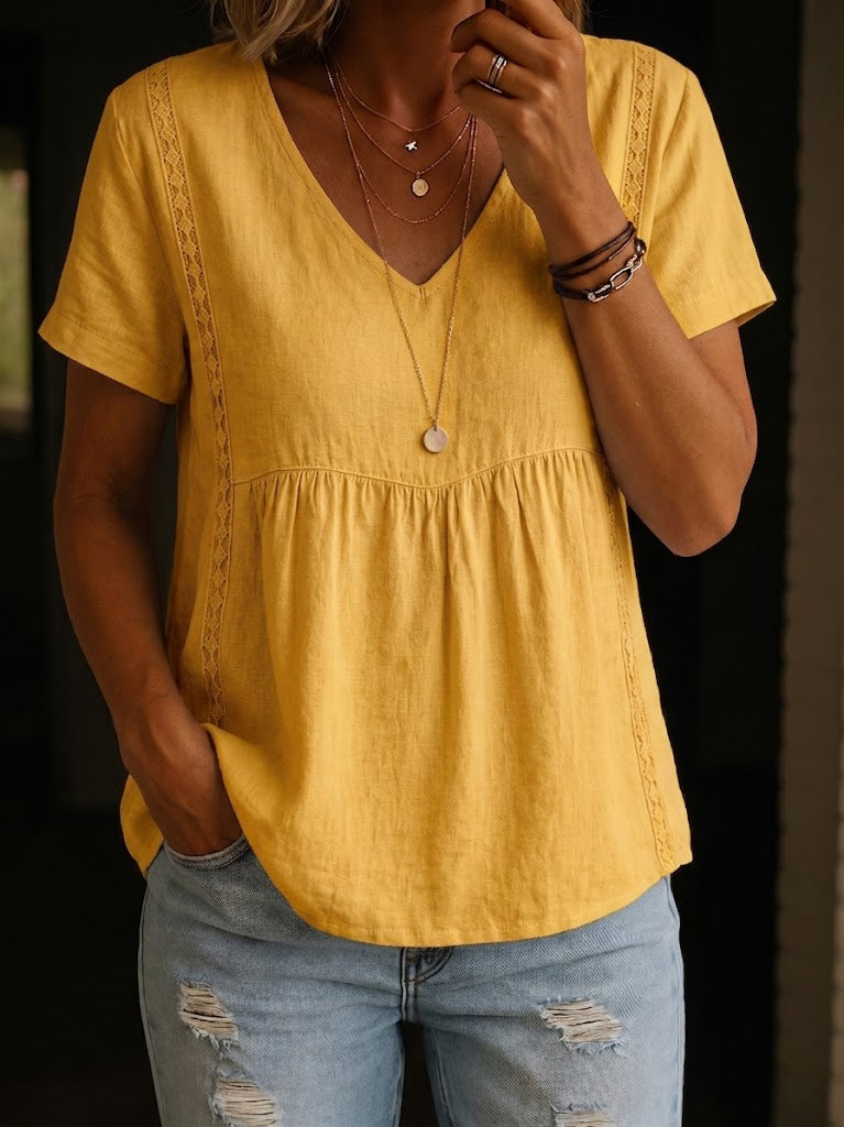 Minimalist Short-sleeve Linen-cotton Blend Top With Lace Trim Detailing