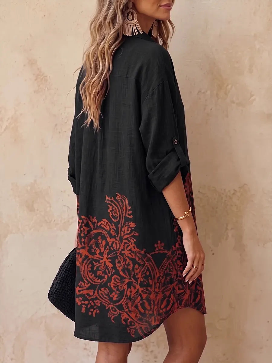 Vintage-Inspired Floral Button-Down Linen Tunic Dress