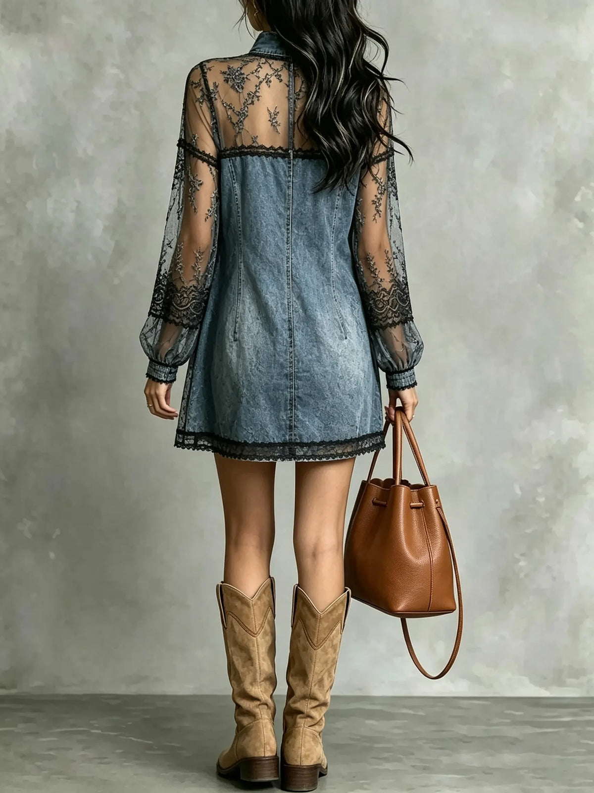 Women's Black Lace Patchwork Denim Long Sleeve Mini Dress
