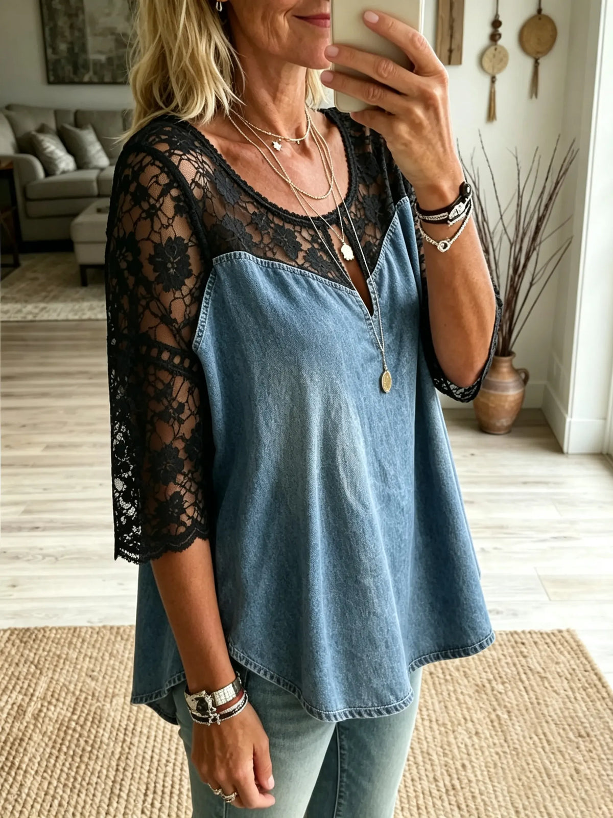 Women's Black Floral Lace Spliced Loose Denim Top