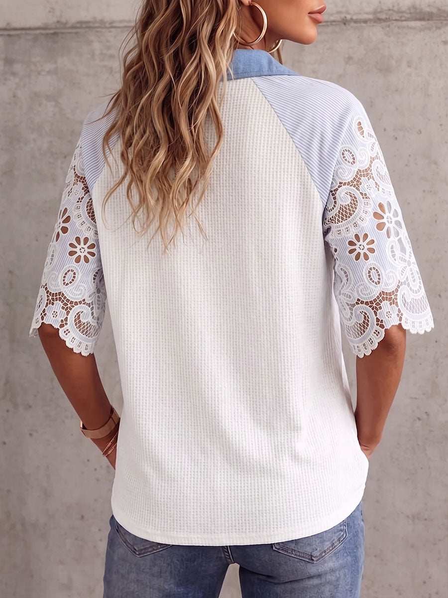 Vintage Elegant Waffle Patchwork Embroidered Cut-Out Sleeve Shirt