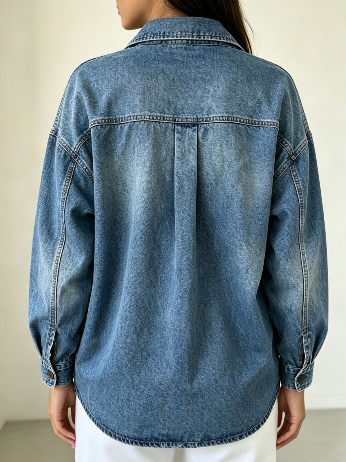 Women’s Contrast Red Pocket Oversized Collared Long Sleeve Denim Shirt Jacket