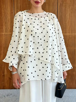 Women's Polka-dot Print Crew Neck Long-sleeve Loose Casual Chiffon Top