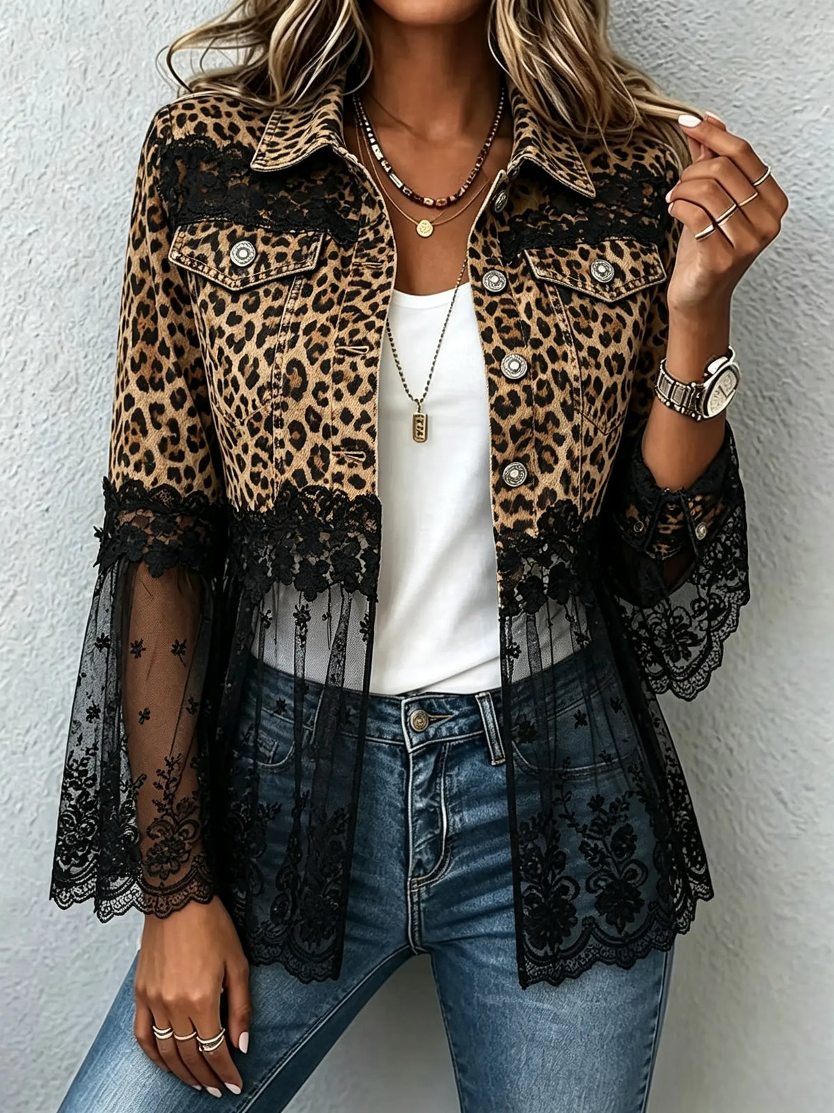 Women's Leopard Lace Denim Jacket