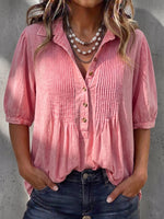 Vintage Elegant Denim Patchwork Pleat Button Shirt