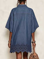Laid-back Resort Washed Denim Lapel Full Placket Wide Short Sleeve Heavy Hollow Lace Hem Oversized Cover-up Dress