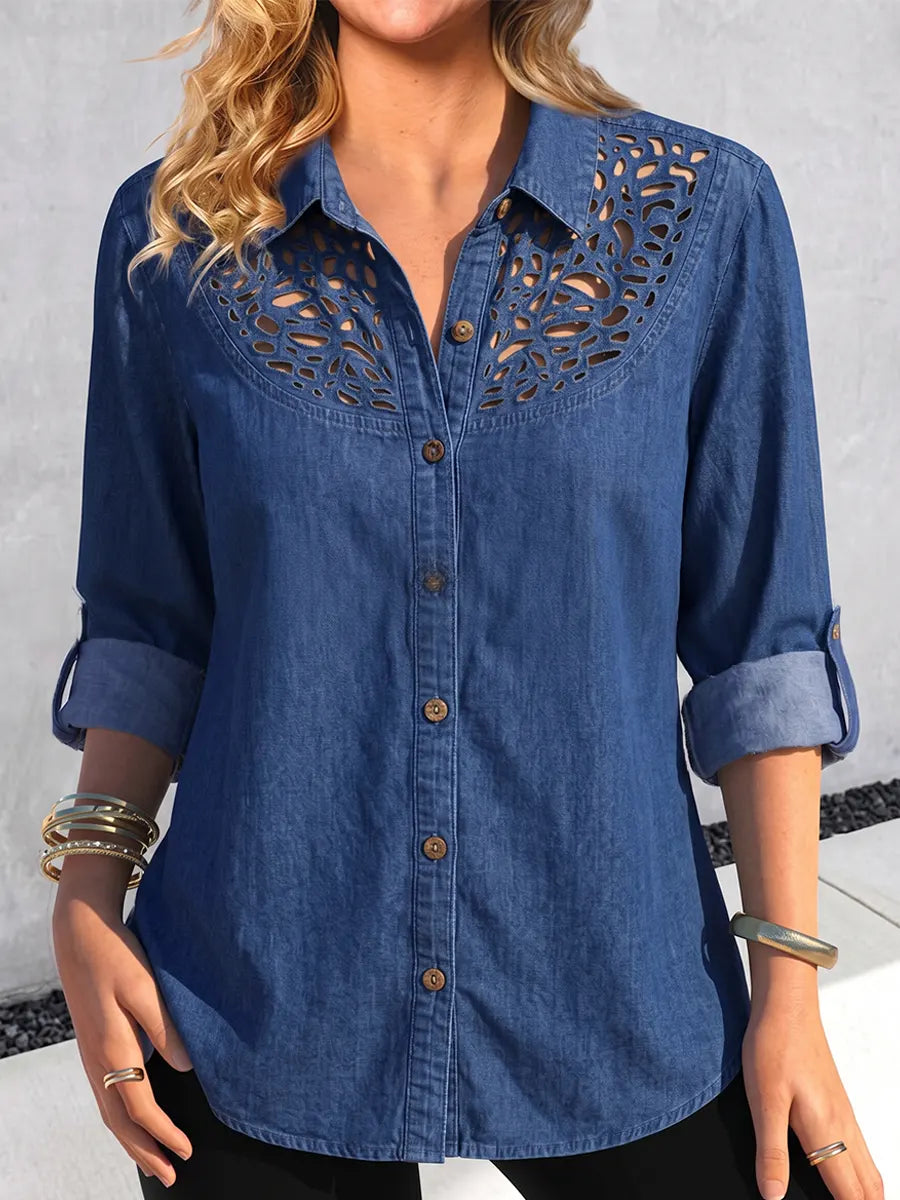 Chic Chambray Laser-Cut Denim Button-Down Blouse